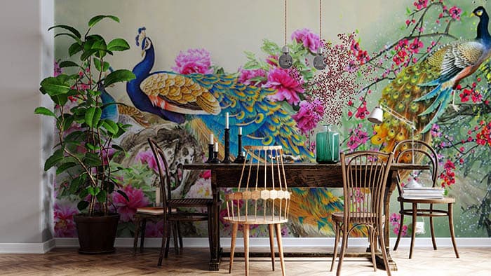 Peacock in Floral Garden Wallpaper shown in a room