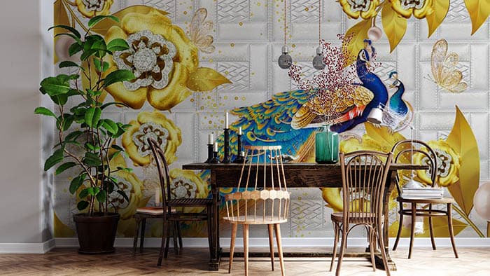 Majestic Peacock Couple Nature Inspired Decor Wallpaper shown in a room