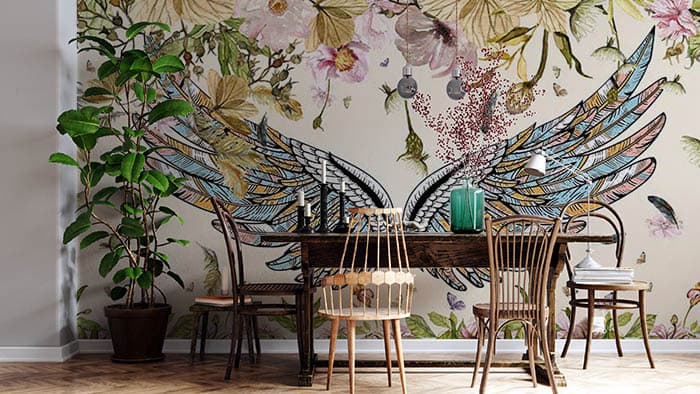 Colorful Angel Wings Mural Wallpaper shown in a room