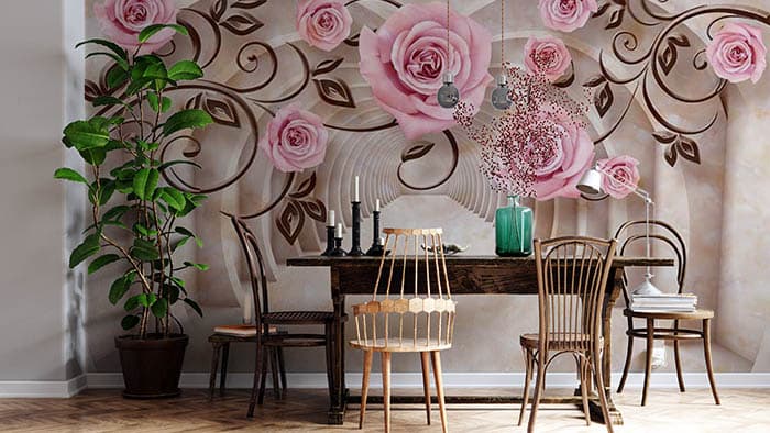 Pink Roses With 3D Effect Wall Wallpaper for Home shown in a room