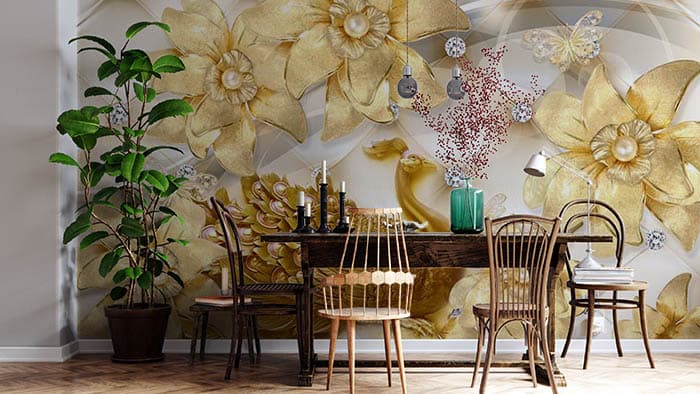 Golden Floral Peacock Wallpaper Mural shown in a room