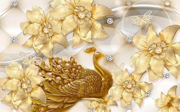 Golden Floral Peacock Wallpaper Mural pattern detail