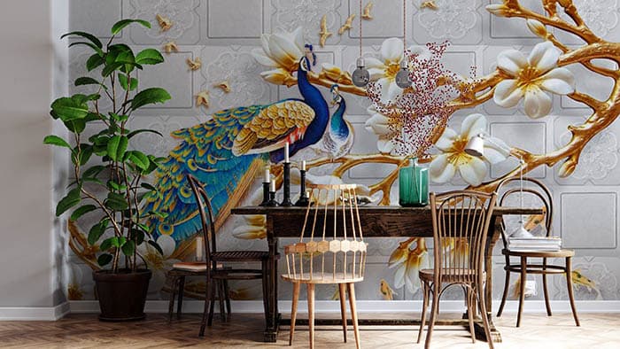 Two Peacocks Sitting on a Floral Branch Mural Wallpaper shown in a room