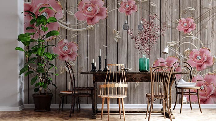 Pastel Pink Roses With Wooden Plank Wallpaper for Wall shown in a room