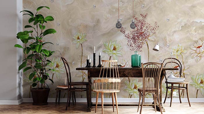Aesthetic Beige Flowers Garden Inspired Wallpaper shown in a room