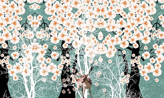 White Flowers on Black tree pattern detail