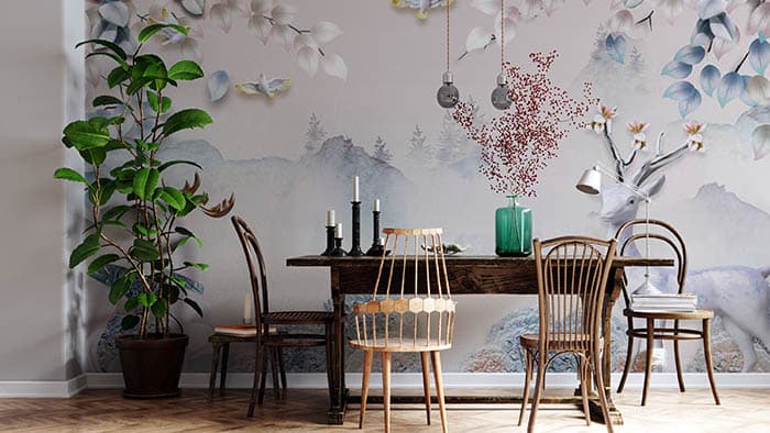 Peaceful White Reindeer Scenic Wallpaper shown in a room