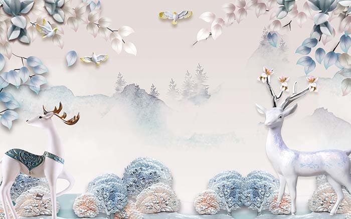 Peaceful White Reindeer Scenic Wallpaper pattern detail