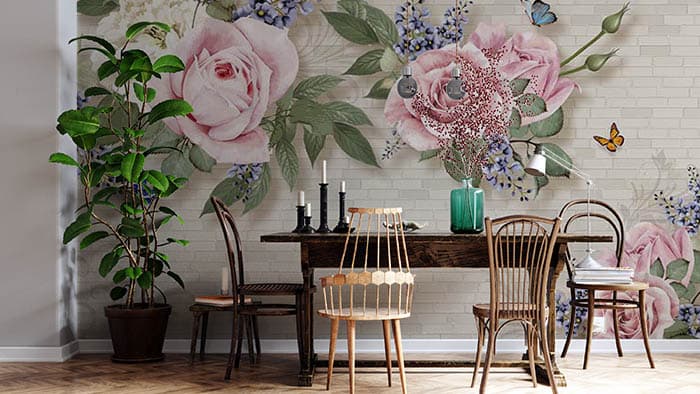 Pink Roses in Beige Brick Background Wallpaper for Wall shown in a room