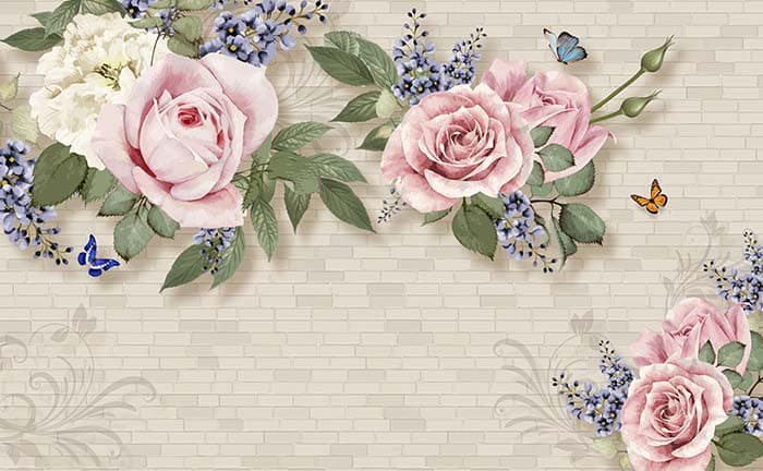 Pink Roses in Beige Brick Background Wallpaper for Wall pattern detail