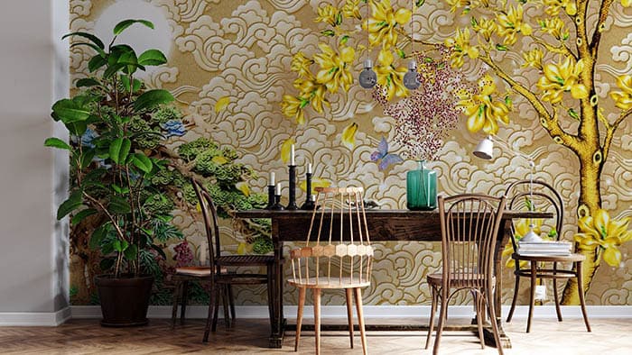 3D Yellow and Green Tree Wallpaper shown in a room