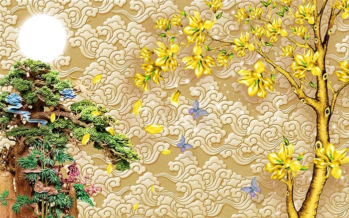 3D Yellow and Green Tree Wallpaper pattern detail