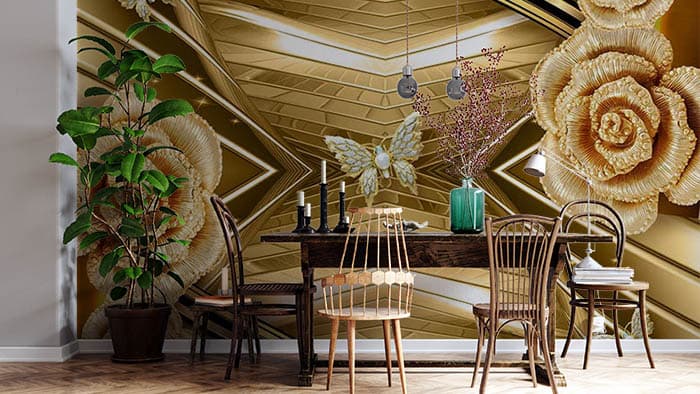 Elegant Aureate Butterfly Golden Theme wallpaper shown in a room