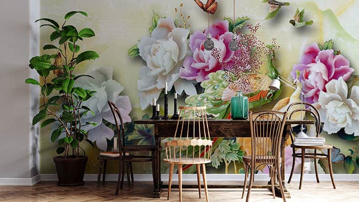 Green Peacock Nature Wall Mural Wallpaper shown in a room