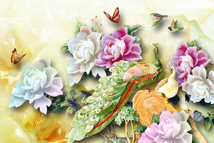 Green Peacock Nature Wall Mural Wallpaper pattern detail
