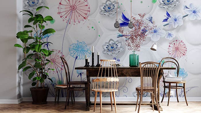 Abstract White and Blue Flowers shown in a room