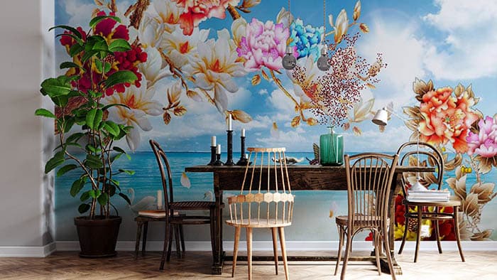 Peaceful Ocean View Coastal Landscape Wall Art Design Wallpaper shown in a room