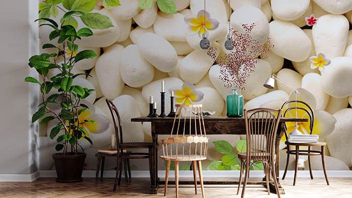White Stones and Flowers shown in a room