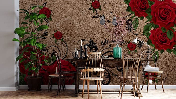 Aesthetic Red Roses on Brown Background Wallpaper for Wall shown in a room