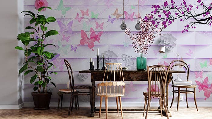 Lilac Butterflies and Leaves Wall Mural Wallpaper shown in a room