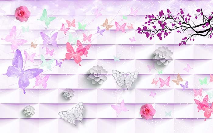 Lilac Butterflies and Leaves Wall Mural Wallpaper pattern detail