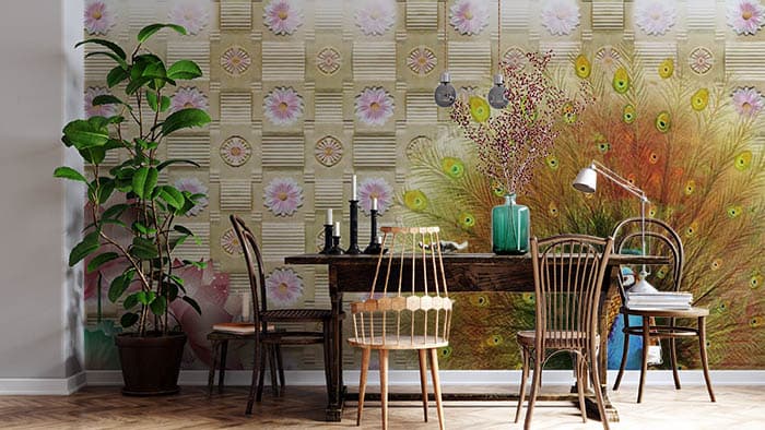 Beautiful Lotus and Peacock 3D Wallpaper Mural shown in a room