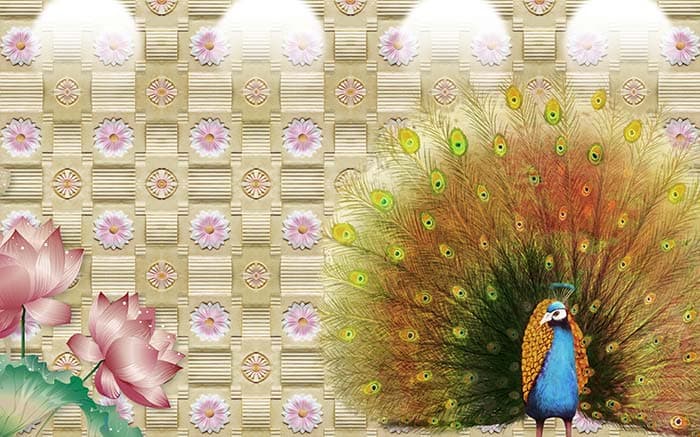 Beautiful Lotus and Peacock 3D Wallpaper Mural pattern detail