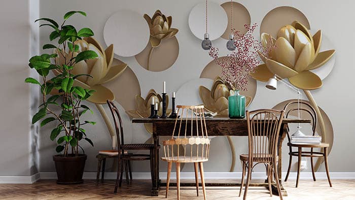 3D Golden Lotus Wallpaper Mural shown in a room