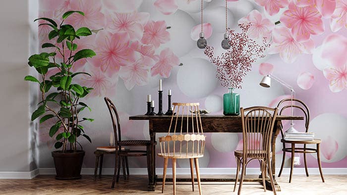 Romantic Pink Floral Sphere Theme Wallpaper shown in a room