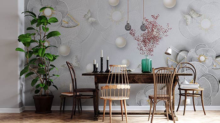 Stylish Pearl Butterfly Garden Scene wallpaper shown in a room