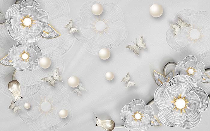 Stylish Pearl Butterfly Garden Scene wallpaper pattern detail