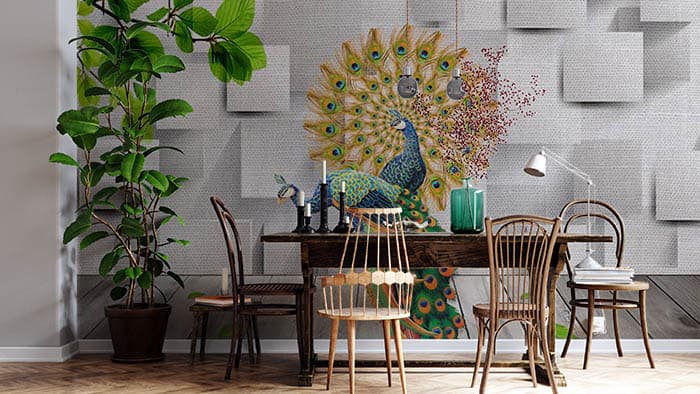Graceful Peacocks at a Glance Royal Wall Mural Wallpaper shown in a room