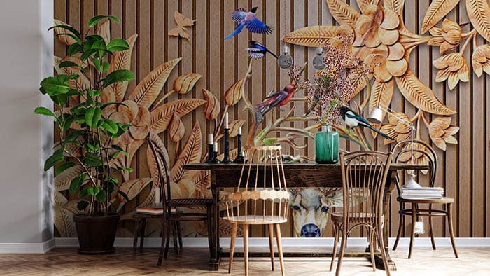 Elegant Reindeer and Birds Nature Wallpaper shown in a room