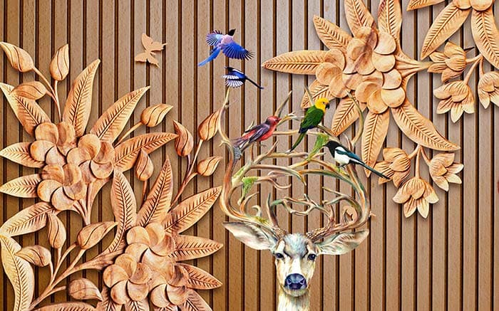 Elegant Reindeer and Birds Nature Wallpaper pattern detail