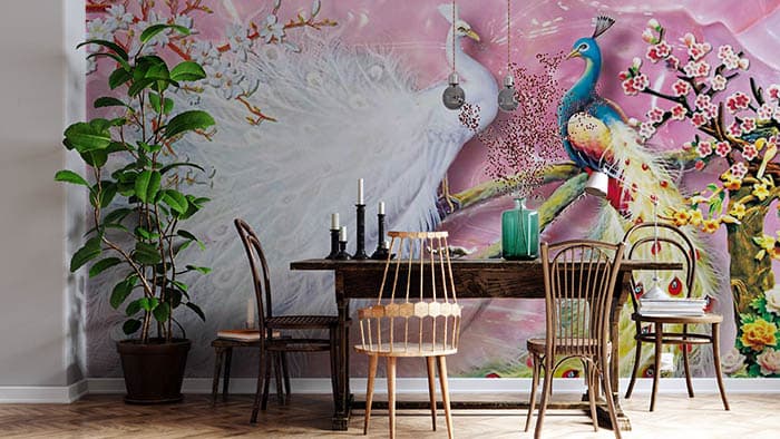 White and Blue Peacocks Mural Wallpaper shown in a room