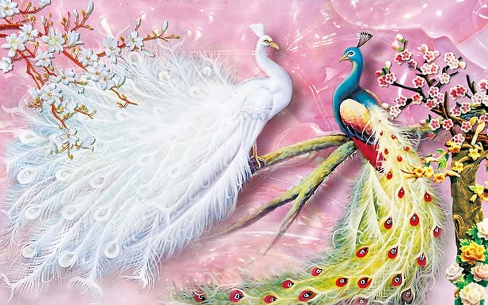 White and Blue Peacocks Mural Wallpaper pattern detail