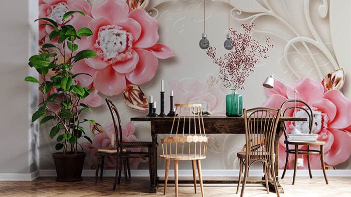Elegant Pink Buttercups Floral Garden Wallpaper shown in a room
