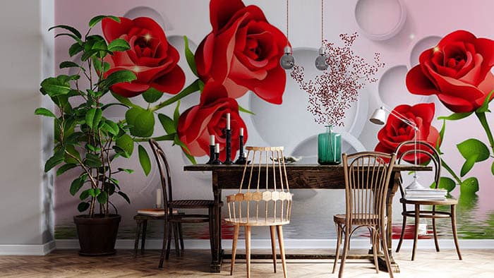 Beautiful Red Roses Reflecting in Water Wallpaper for Wall shown in a room