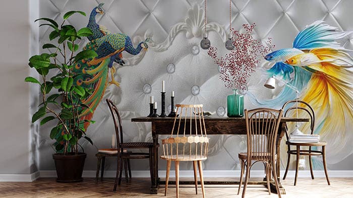 Elegant Peacocks and Fishes Nature Art Mural Wallpaper shown in a room