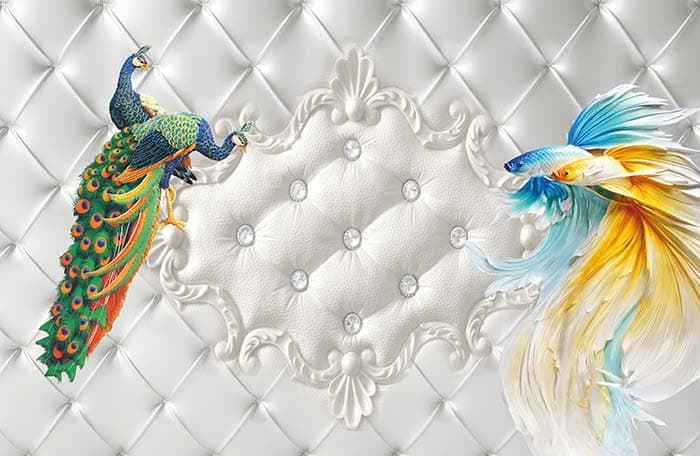 Elegant Peacocks and Fishes Nature Art Mural Wallpaper pattern detail