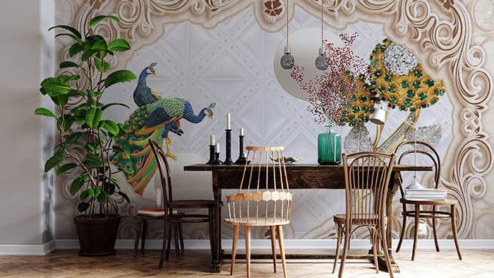 Decorative Peacock Artwork with Ornamental Frame Wallpaper shown in a room