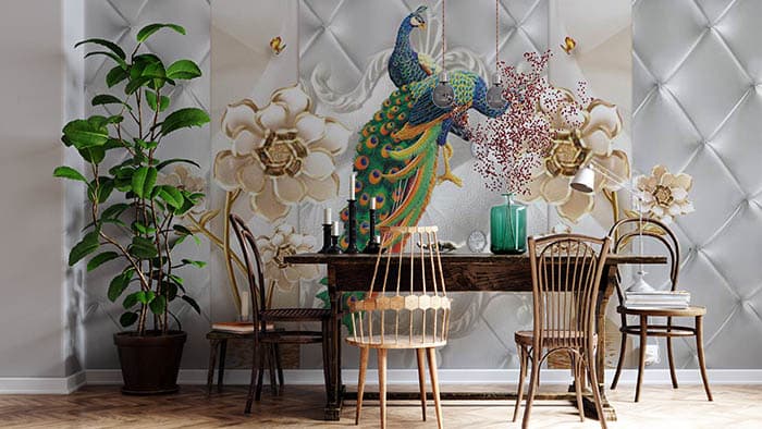 Elegant Peacock and Flower Design wallpaper shown in a room