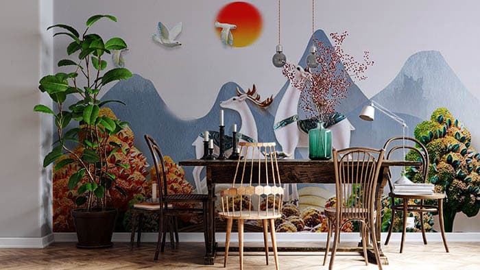 Scenic Deer Sunset Landscape Wall Wallpaper shown in a room