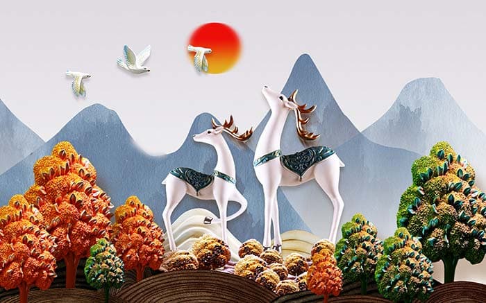 Scenic Deer Sunset Landscape Wall Wallpaper pattern detail