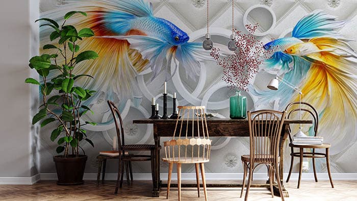 Artistic Tropical Fish Underwater Scene wallpaper shown in a room