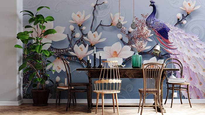 3D Peacock on a Branch Wallpaper shown in a room