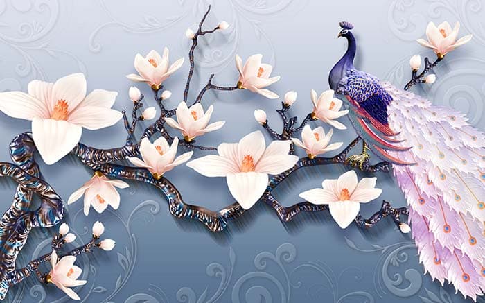 3D Peacock on a Branch Wallpaper pattern detail