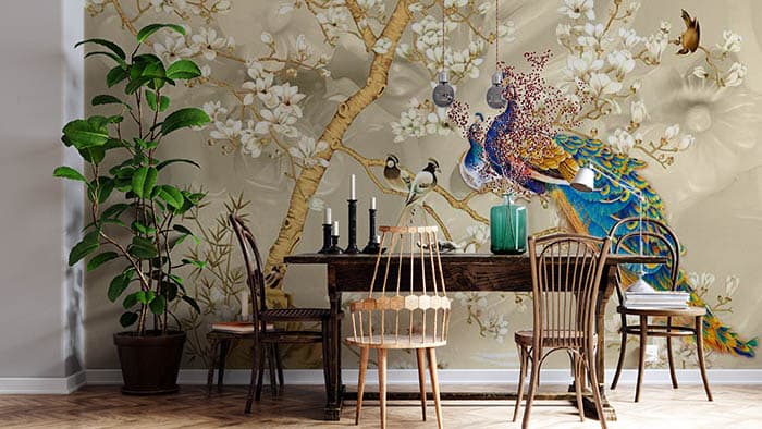 Elegant Birds on Tree Nature Scene wallpaper shown in a room