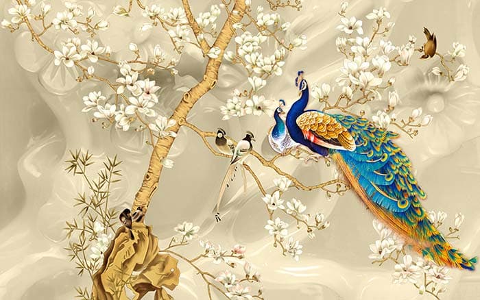 Elegant Birds on Tree Nature Scene wallpaper pattern detail