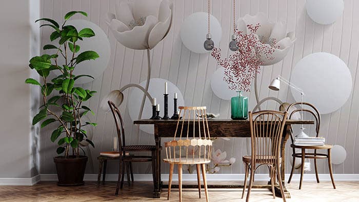 White Balls and Petals shown in a room